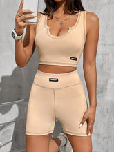 Khaki Tight-Knit Long Sleeve Crop Top And Skirt Set With Patch Detail